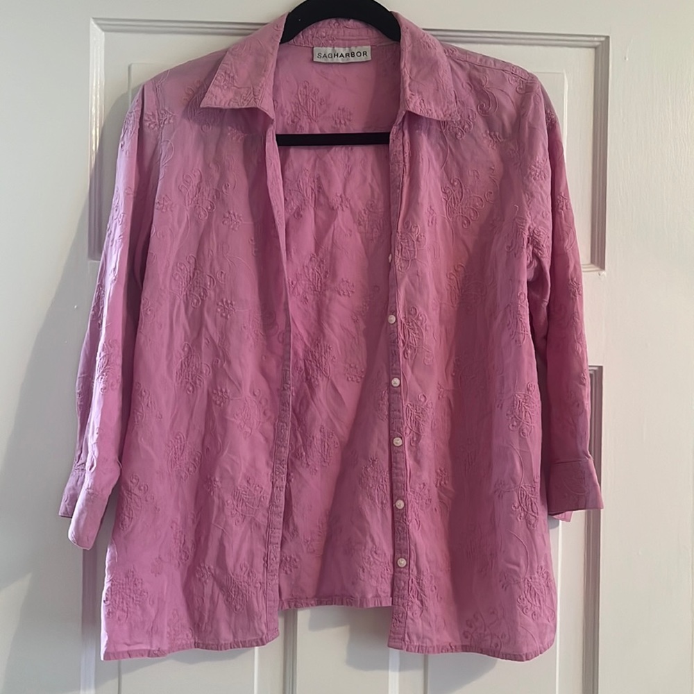 Pink embroidered button down